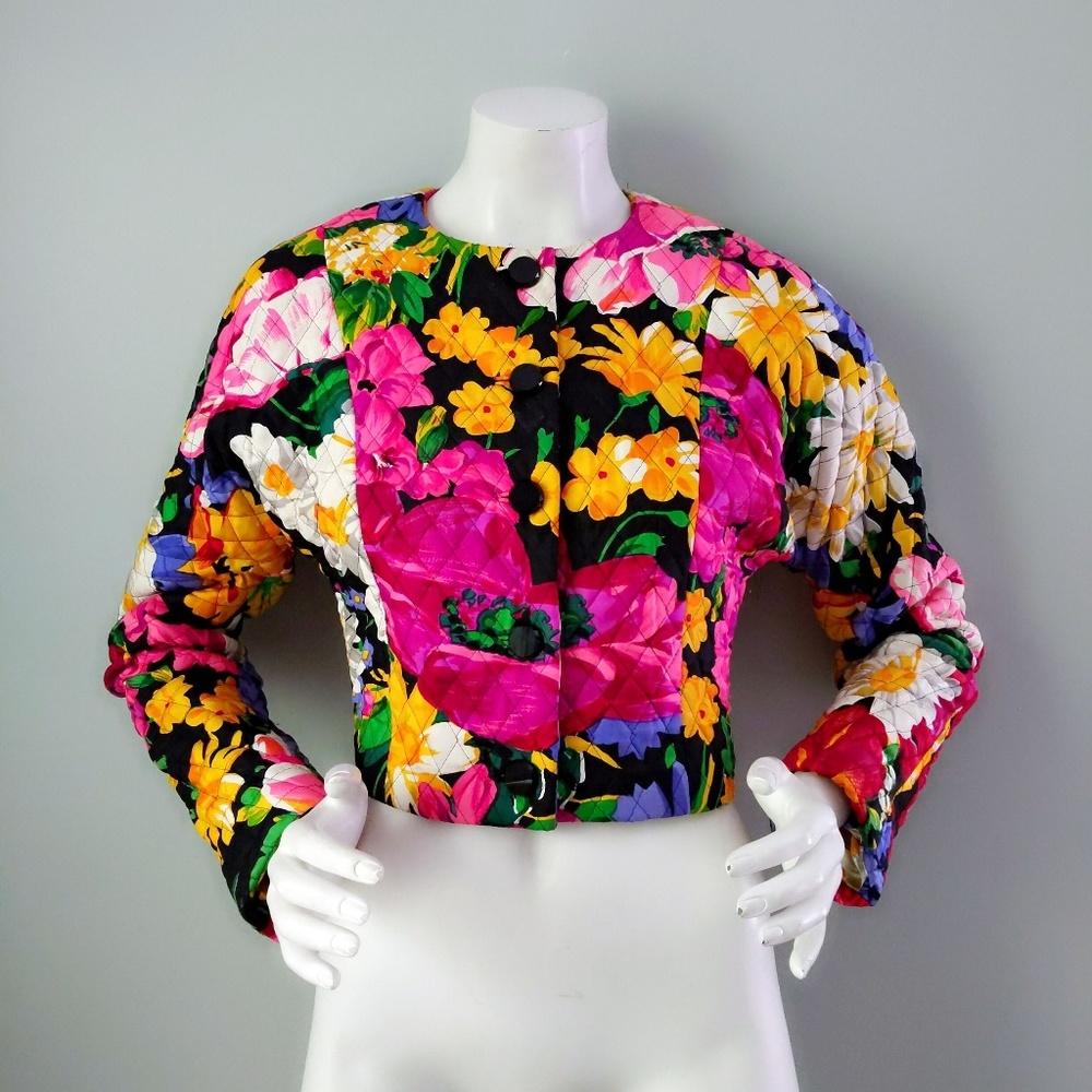 Vtg Carolyn Roehm Floral Cropped Quilted Blazer S